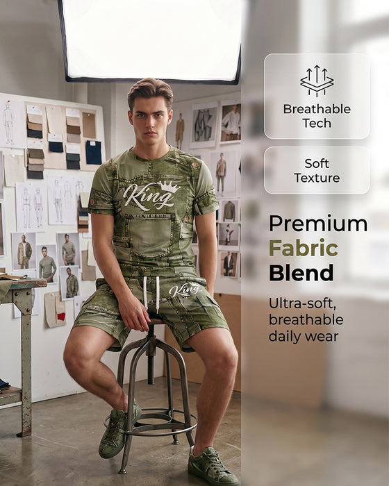 Men's Round Neck Monogram T-Shirt Drawstring Shorts Set