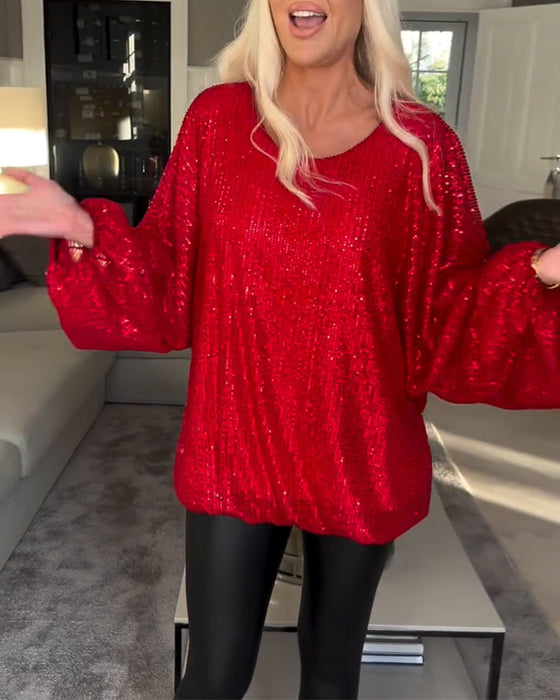 Balloon sleeve round neck sequin top