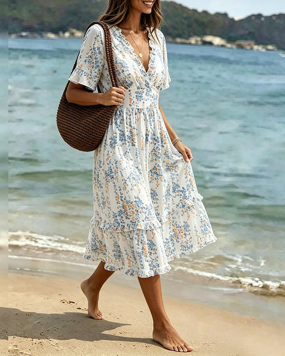 Floral Ruffle V-Neck Patchwork Dress