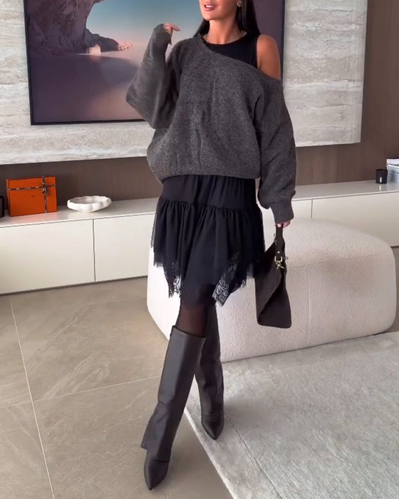 Off-Shoulder Loose Sweater & Lace Hem Dress