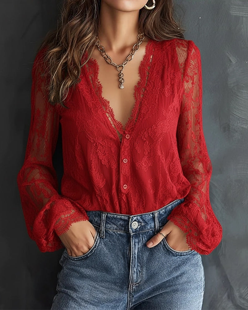 Lace V-Neck Long-Sleeved Blouse