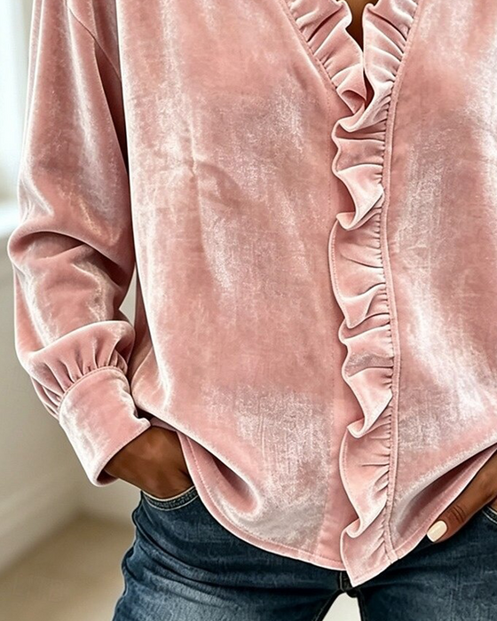 V-Neck Ruffle Solid Blouse