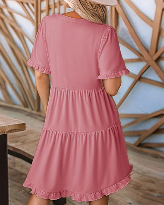 Ruffle Trim V-Neck Tiered Hem Dress