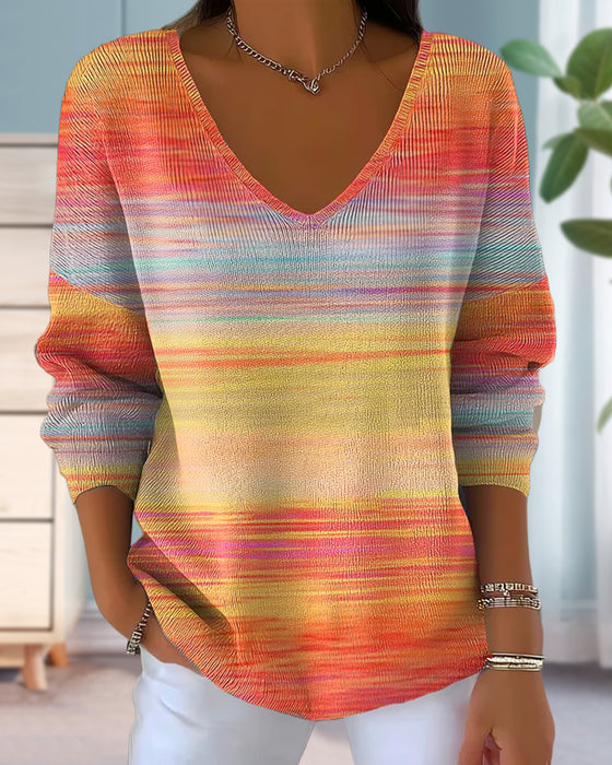 V-Neck Rainbow Stripe Sweater