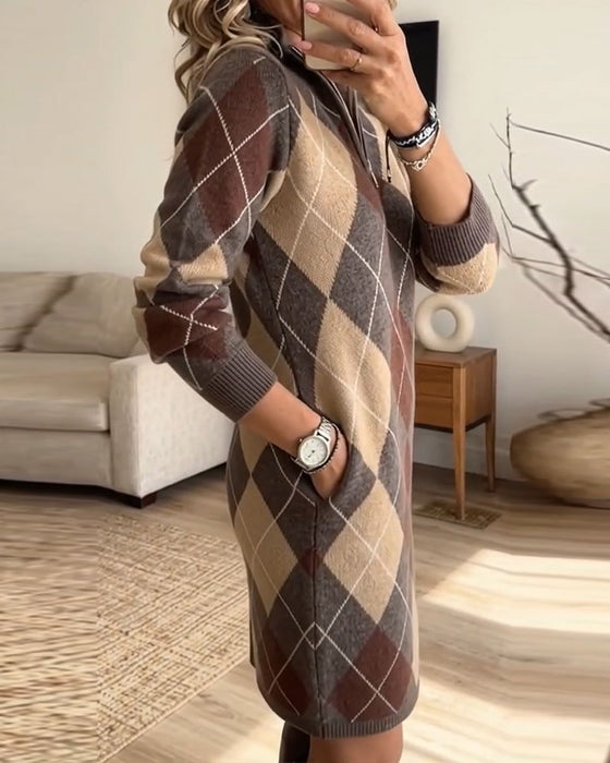 Lapel Zipper Plaid Contrast Sweater Dress