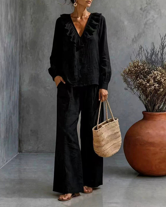 Ruffled V-Neck Long Sleeve Set