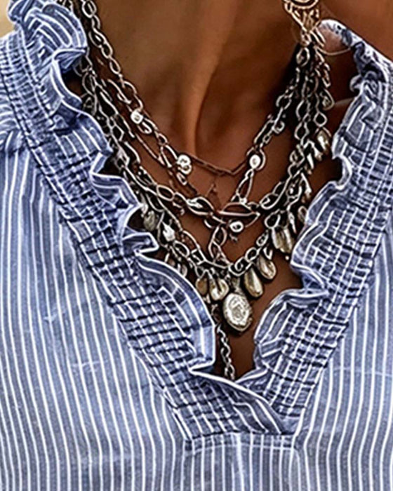 V-Neck Stripe Ruffle Blouse