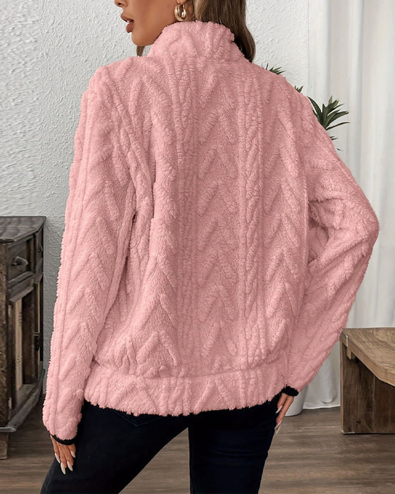 Lapel Zipper Front Fuzzy Sweatshirt