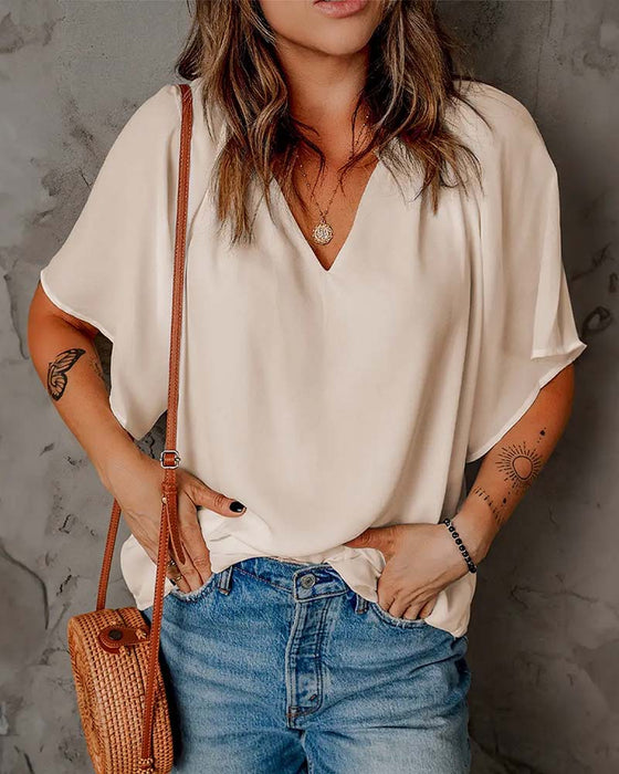 Loose-Fit Solid-Color V-Neck Top