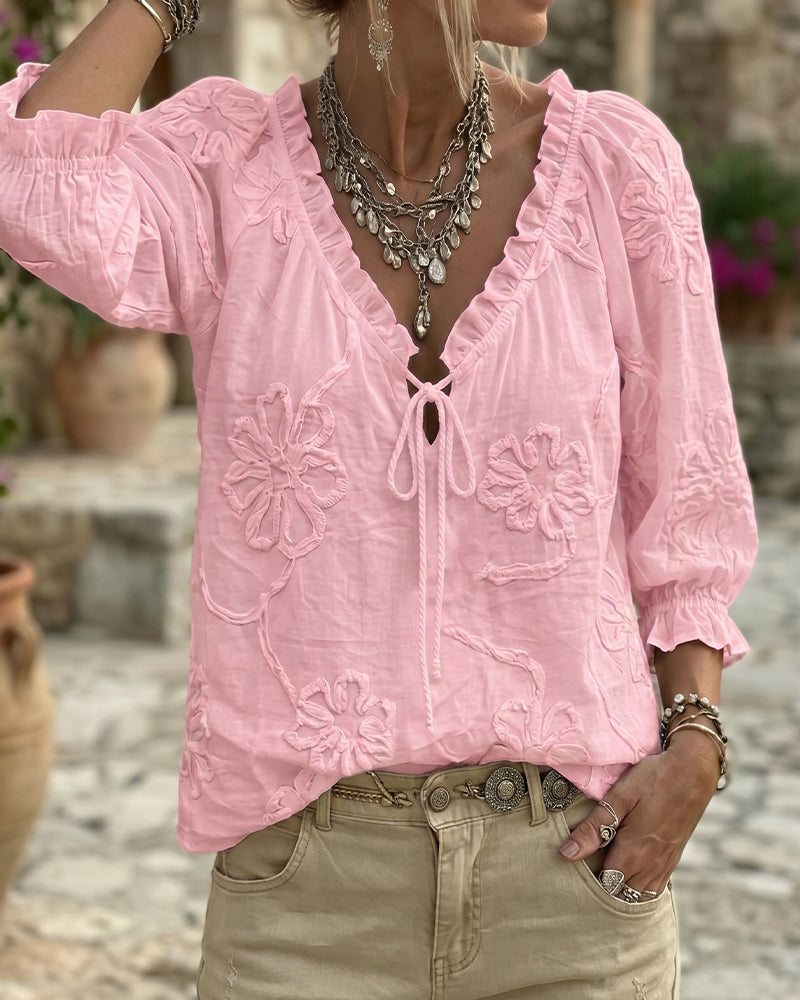 V-Neck Wrap Tie Ruffled Blouse