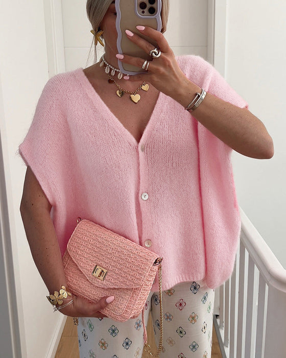 Sleeveless V-Neck Button-Front Sweater Cardigan