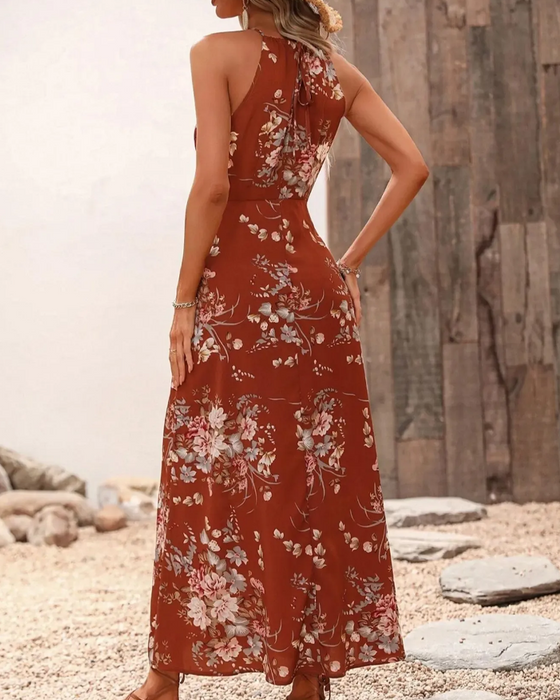 Halterneck Slit Waisted Floral Dress