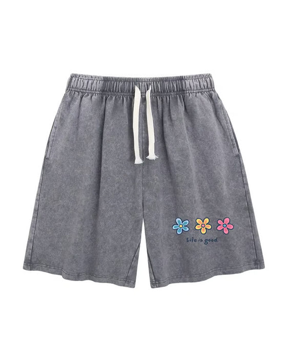 Flower Print Elastic Drawstring Shorts
