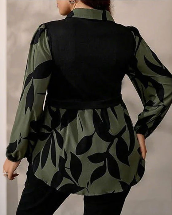Fake Two-Piece Patchwork Leaf Print Top