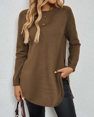 Round Neck Slit Solid Color Pullover
