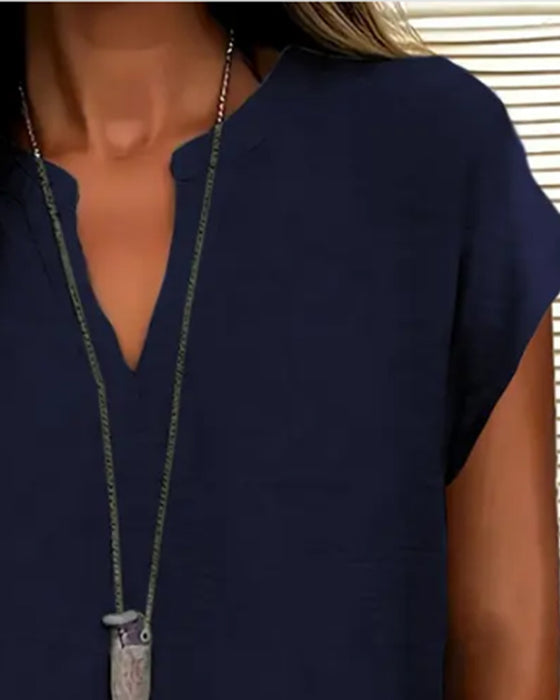 Casual Drop Shoulder V-Neck Short Sleeve Blouse