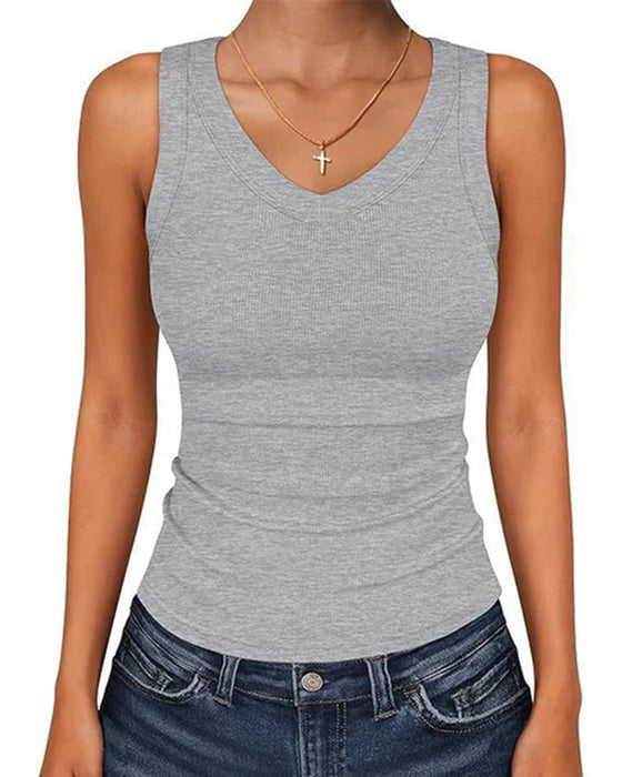 V-Neck Ribbed Solid Color Tank Top