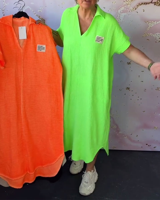 V-Neck Pleated Solid Color Long Dress