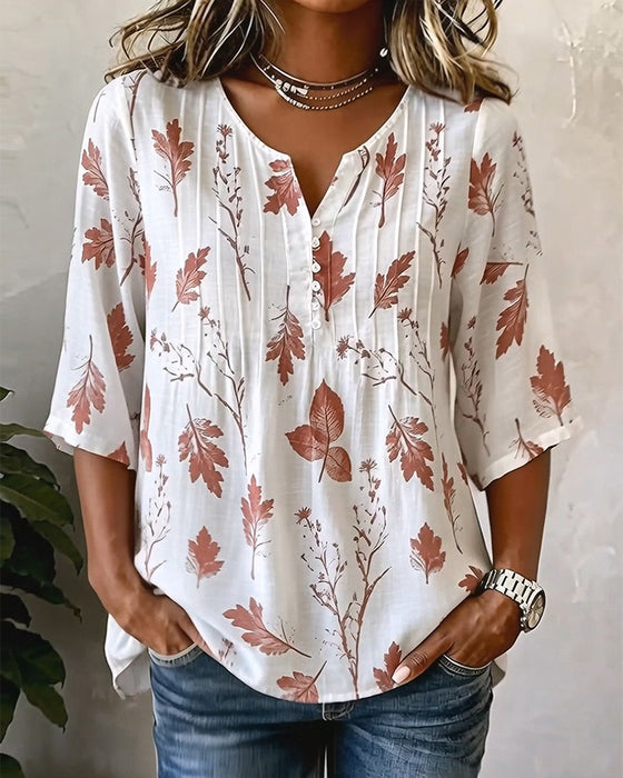 Artistic Maple Leaf Print Blouse