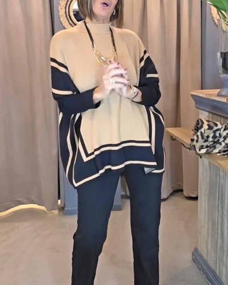 Batwing Sleeve Striped Color-Block Sweater