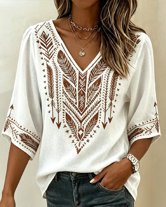 V-Neck Ethnic-Print Loose Blouse