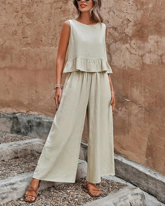 Sleeveless Round Neck Ruffle Wide Leg Set