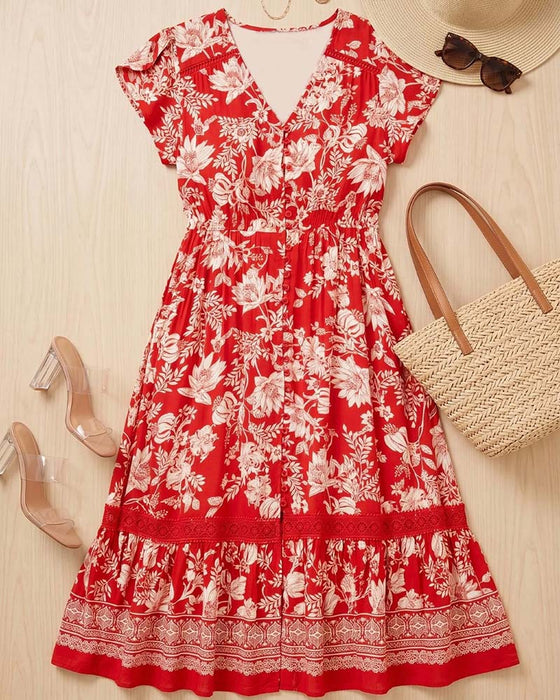 V-Neck Floral Patchwork A-Line Dress