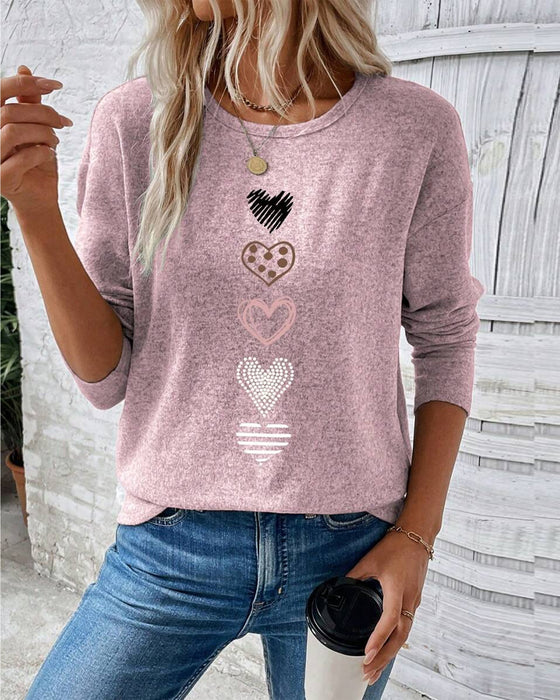 Long-Sleeved Round-Neck Love Heart Print Top
