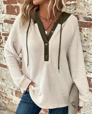 Color-Blocked Button V-Neck Hoodie