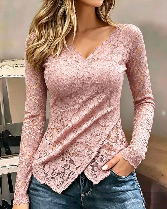V-Neck Lace Irregular Long-Sleeved Top