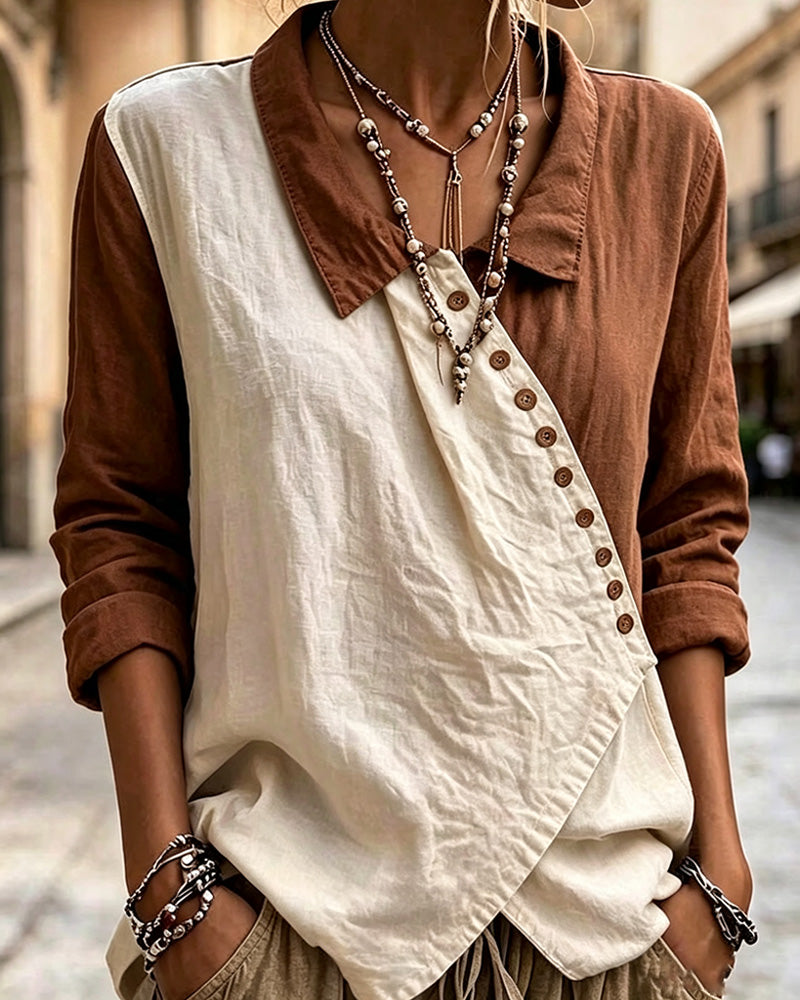 Patchwork Button Color-Block Shirt