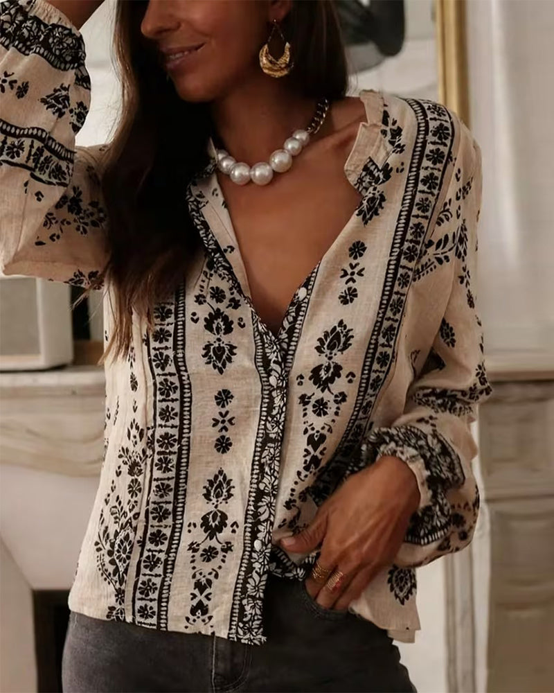 Floral Print Elegant Long-Sleeved Blouse