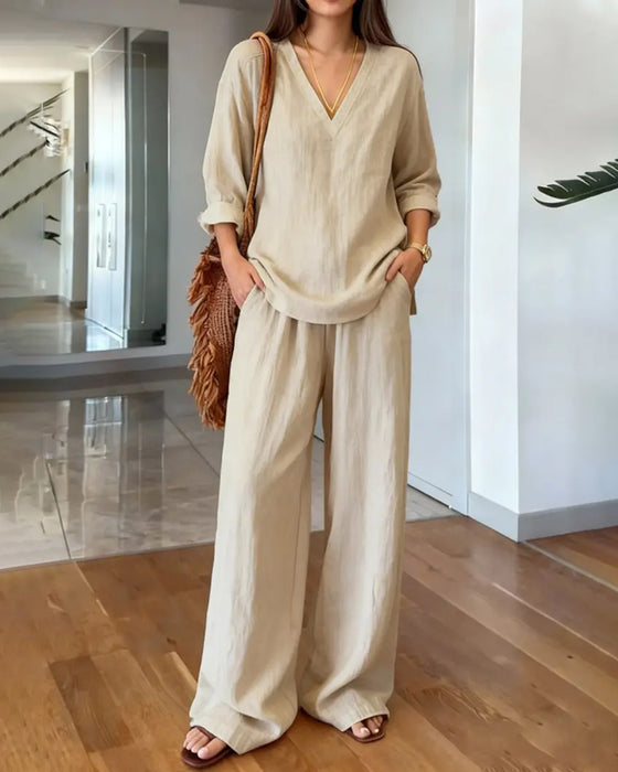 V-Neck Draped High Waist Wide Leg Set