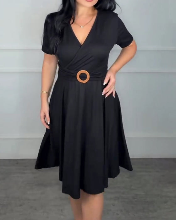 V-Neck Wrap Waist A-Line Dress