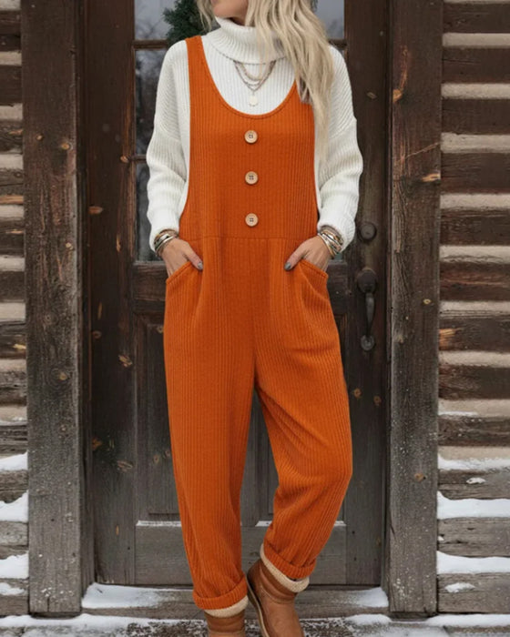 Fashion Solid Pocket Suspender Jumpsuit