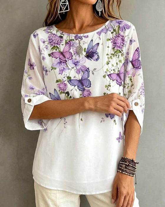 Crew Neck Butterfly Floral Blouse