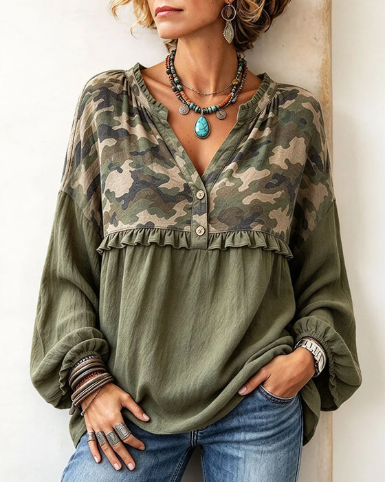 Camo Patchwork Ruffle Trim V-Neck Top