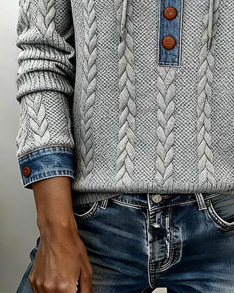 Color-Blocked Button Long-Sleeved Hooded