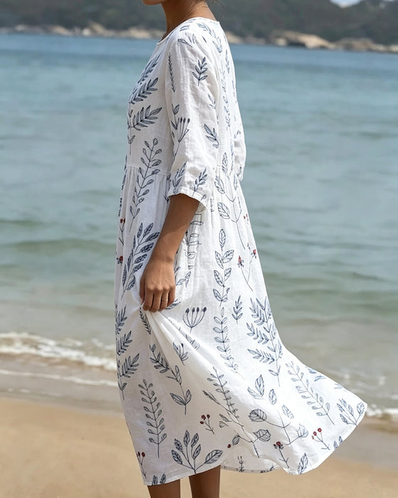 Short Sleeve Crew Neck Leaf Print Dress