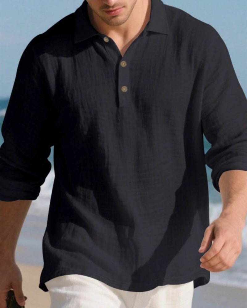 Men's Lightweight Loose Linen Long Sleeve Polo Shirt