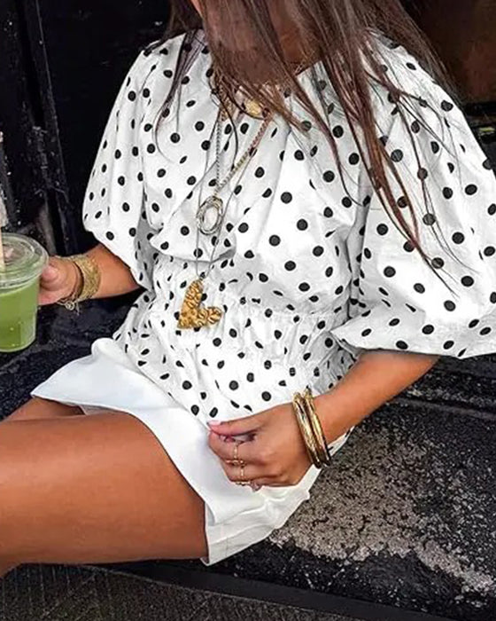 Polka Dot Off-Shoulder Waist-Cinching Bubble Sleeve Blouse