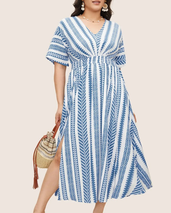 Deep V Blue White Geometric Stripe Waist Dress