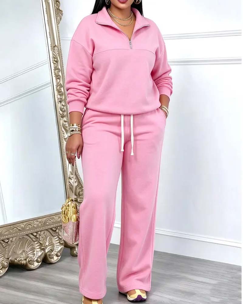 Lapel Zip Pocket Wide Leg Two-Piece Set