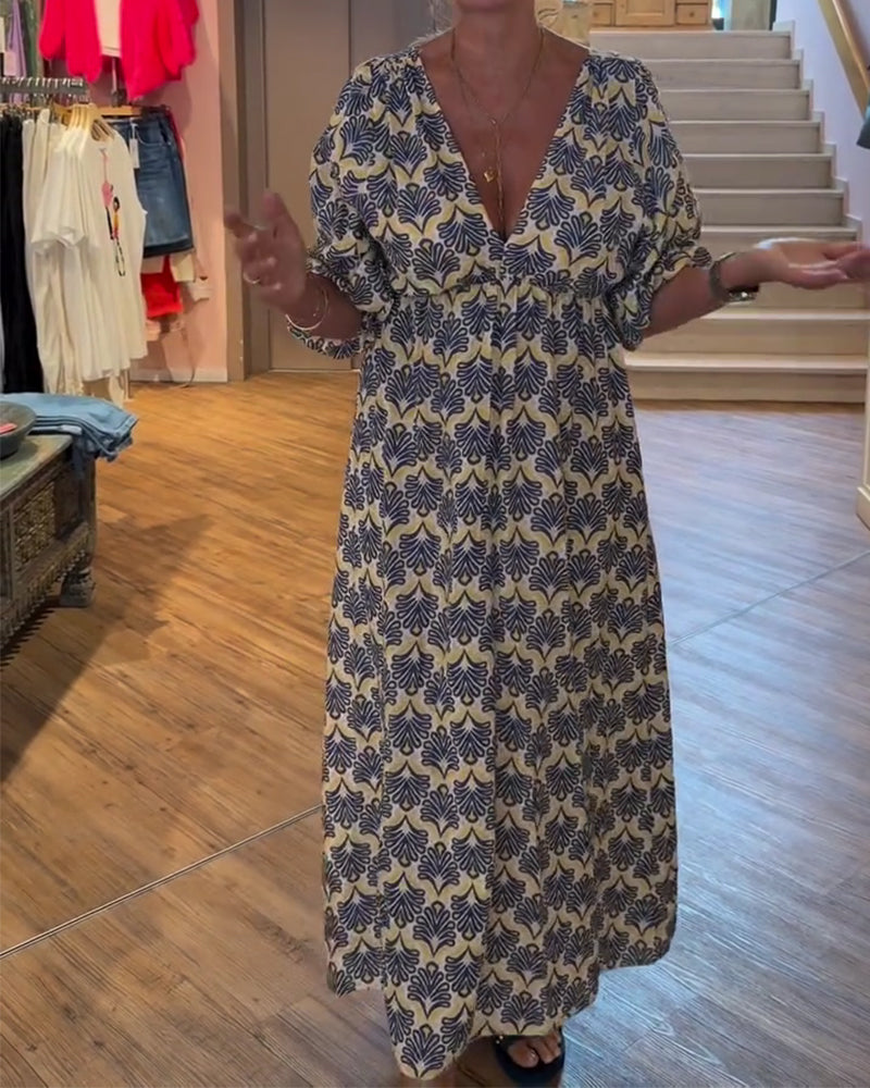 Vintage Deep V-Neck Floral Dress