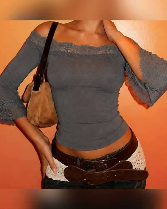 Lace Spliced Off-Shoulder Slim-Fit Top