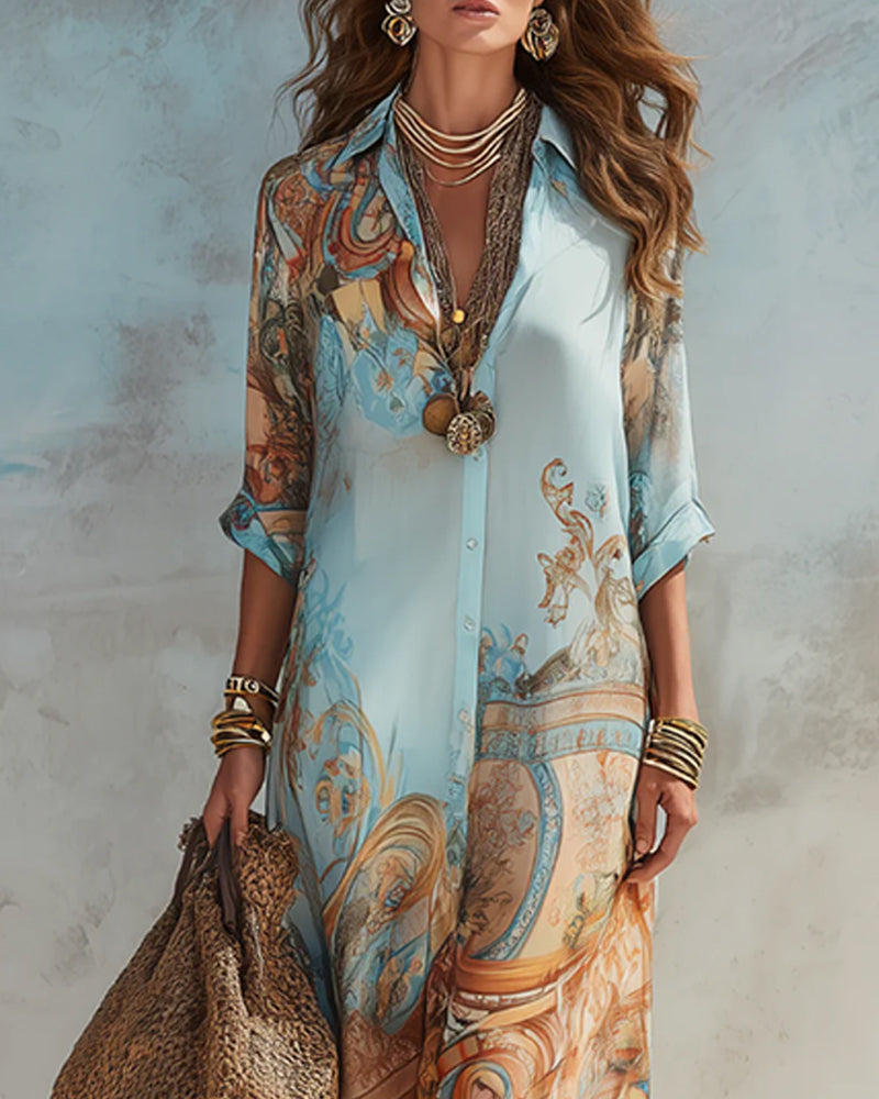Vintage Oil Painting Print Shirt Maxi Dress