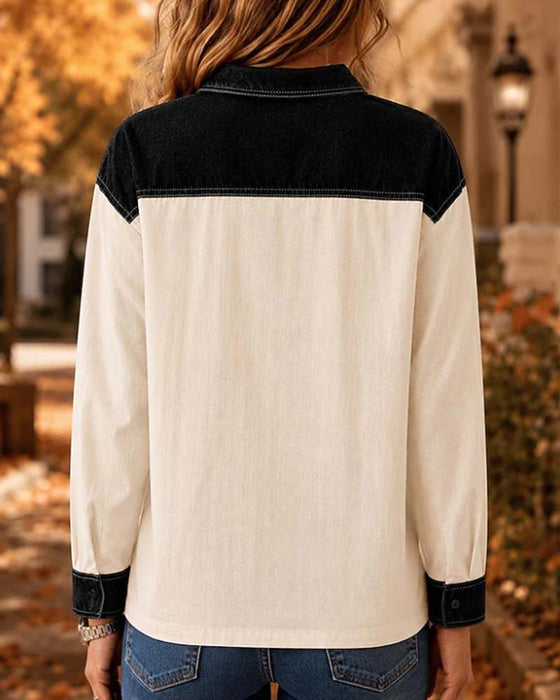 Color Block Lapel Blouse