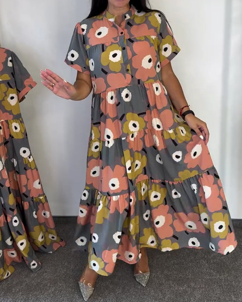 Mandarin Collar Print Layered Dresses