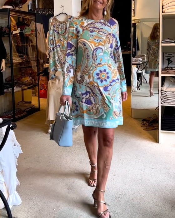 Round neck straight printed dress