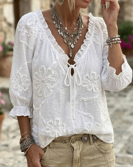 V-Neck Wrap Tie Ruffled Blouse
